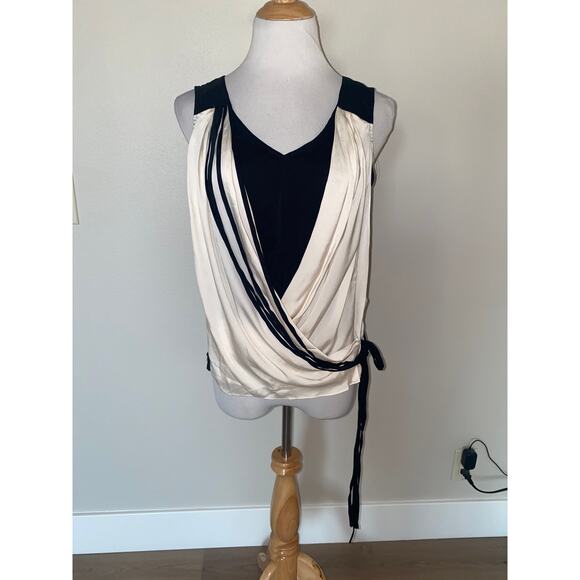 Nanette Lepore Stretch Silk Blouse Drape Sleeveless Black/ivory Size Small - Picture 1 of 5